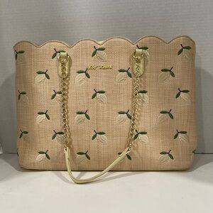 Betsey Johnson Tan Yellow and Green Embroidered Lemon Straw-Woven Tote Bag